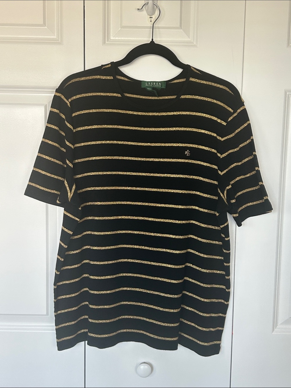 Lauren Ralph Lauren Black Knit Short Sleeve Top with Gold Stripes